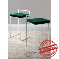 Lumisource B26-FUJI W+VGN2 Fuji Contemporary Stackable Counter Stool in White with Green Velvet Cushion - Set of 2